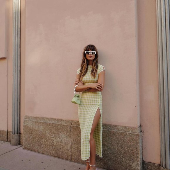 Gingham Check Midi Dress in Green - Picture 5 of 7